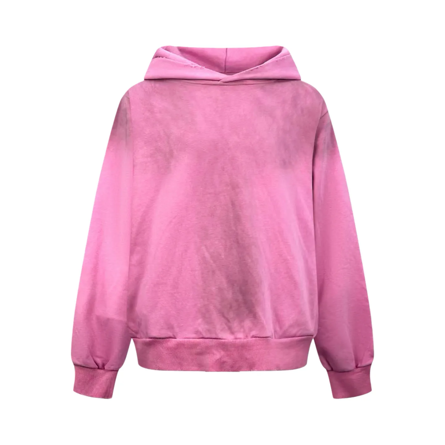 Acne mud-dyed washed frayed distressed hooded sweatshirt (Pink). The fabric is made of customized air-oxygen soft cotton blend. It is soft and delicate, comfortable and skin-friendly. The soft mist and rouge Pink tone is elegant and restrained. It has a relaxed and noble aura. The loose shoulder silhouette stretches casually. The raw edge hem outlines the casual lines of Retro. The Acne Studios STOCKHOLM logo on the back is worn and is silently embellished. The Classic logo is low-key engraved with brand genes. Exquisitely blending street luxury texture and Scandinavian minimalist aesthetics in a relaxed posture, highlighting the high-end aesthetic core of Nordic luxury, using glue printing technology. The chest printing has been modified three times with the film screen. Use glue liquid paint to print the pattern on the fabric. The fabric is baked to fix the printing pattern, and the gradient old-fashioned spray-on process. By spraying dyes of different colors on the surface of the fabric, the clothes can show rich color changes under different lights. To increase the visual layering, many parts of the body are worn and worn by purely manual regular positioning. Manual brushing marks are added to the surface of the clothing to add texture and depth to imitate the texture of natural wear. The fabrics have been fermented and washed to have a better hand feel and texture. It is not easy to deform, shrink or fade, and maintains long-term beauty. Size:S-M-L-XL